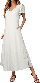 Vestido largo casual para mujer, de manga corta, pétalo, color liso, con bolsillo, casual, cuello en V, ajuste holgado, vestido de mujer para exteriores