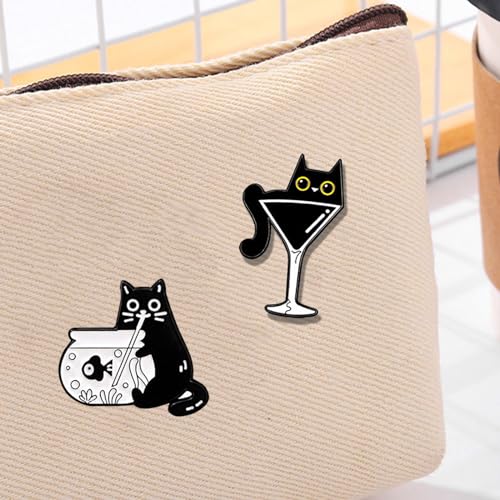 Image of White & Black Cat Enamel Lapel Pins for Women Girl Cute Animal Enamel Brooch Pins for Jackets Playful Cat Enamel Brooch Badge DIY Accessories Decor