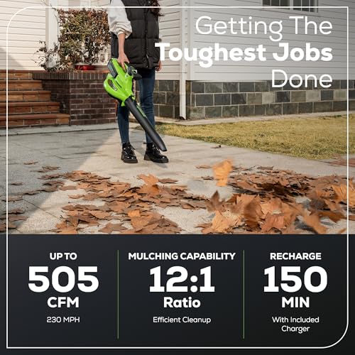 Image of Greenworks 40V (230 MPH / 505 CFM) Cordless Brushless Leaf Blower /Vacuum with Bag, High Power, Lightweight & Quiet for Yard Debris Cleanup, Includes 5.0Ah Battery & Charger