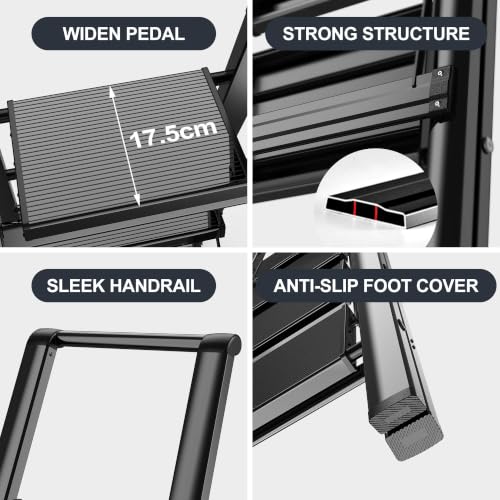 Image of 4 Step Ladder Folding Iron Step Stool Stepladders with Anti-Slip and Wide Pedal for Home and Kitchen Use Space Saving (Black)