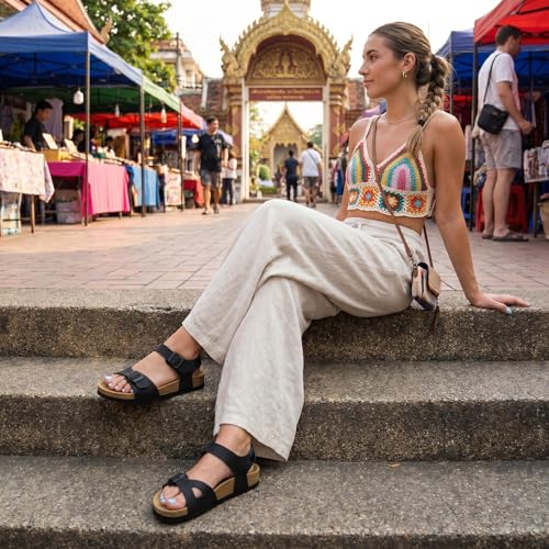 Image of CUSHIONAIRE Lauri Cork Footbed Sandals for Women with Back Strap, Adjustable Double Buckle Ankle Strap Sandals, Memory Foam
