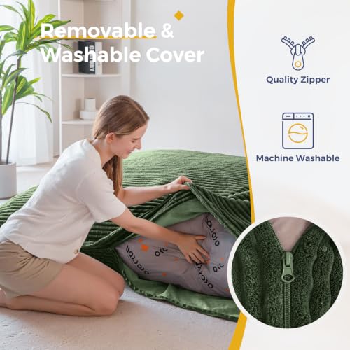 Image of MAXYOYO Giant Bean Bag Chair with Pillow, 3 in 1 Convertible Bean Bag Chair for Adults with Washable Cover, Removable Floor Cushion Stuffed Floor Lounger for Living Room Bedroom, Dark Green, Full
