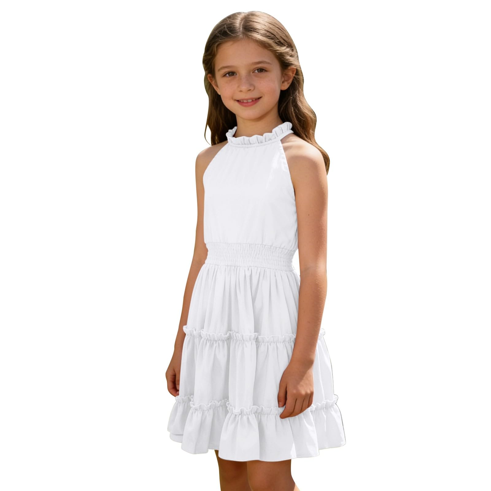 Vestito estivo per ragazze con spalle scoperte casual fluente punto smocked A Line Dress bambini senza maniche Swing abiti da festa con volant a strati prendisole festivo