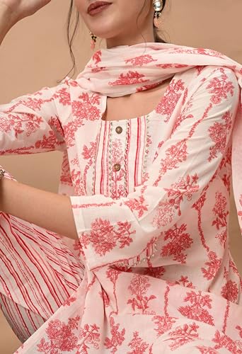 Image of Amazon Brand - Tavasya Women Cotton Anarkali Kurta Pant Dupatta Set | Printed Ethnic Suit Set | Flared Anarkali Kurta with Pant & Dupatta | Festive & Casual Wear