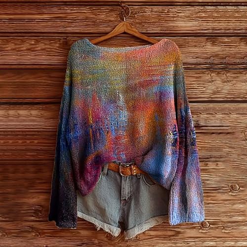 Sweaters for Women Fall Boho Vintage Graphic Pullover Sweaters 2025 Oversized Long Sleeve Crew Neck Casual Knit Tops2