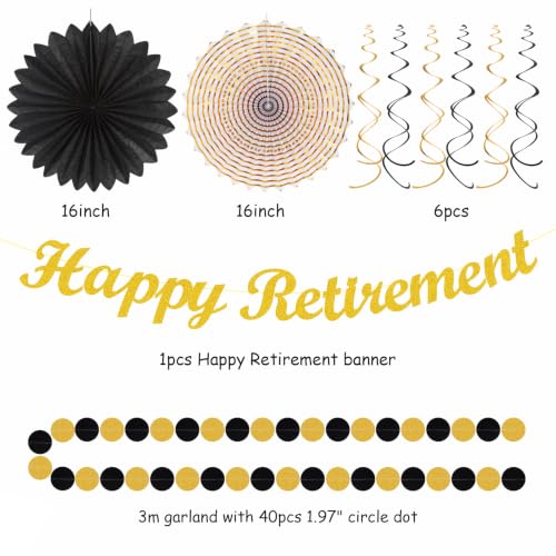 Image of Black Gold Happy Retirement Party Decorations Banner Women Men Huglony | 21pcs Retiree Farewell Banner,Streamers,Paper Lanterns,Pom Poms Fans,Work Teacher Retirement Supplies Backdrop