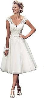 Short Lace Wedding Dresses Knee Length Travel Tulle Rhinestones V-Neck Lace Up Bride Gowns Vintage Dress - Buy now