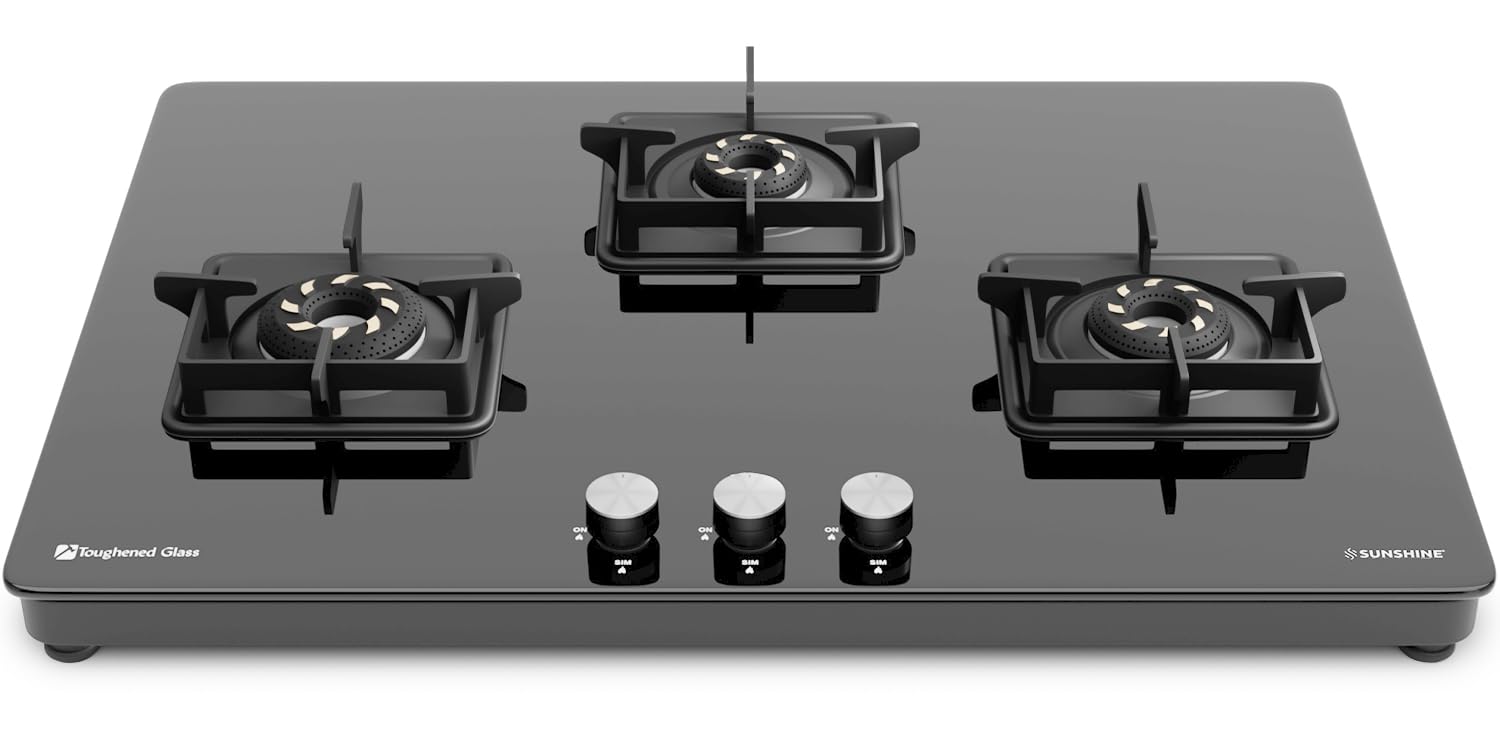 Sunshine Magnite Gas Stove | 3 Burner Glass Hob Top Cooktop | Warranty By Sunshine - 5 Year On Glass & Burner And 10 Year On Valve, Manual Ignition, SABAF, LPG Ready & PNG Compatible (Premium - Black)