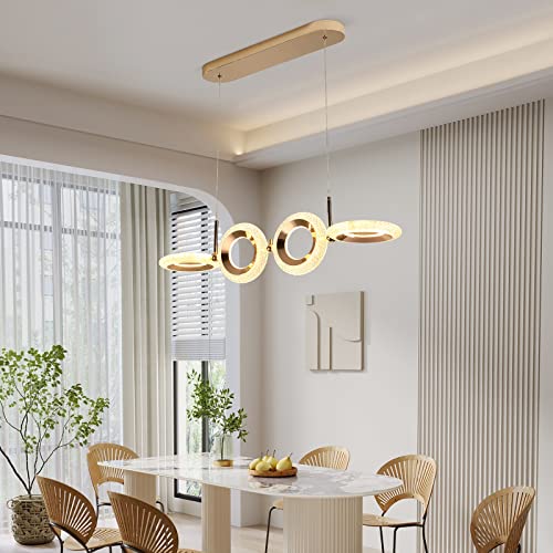 Ganeed Dimmable Modern Chandelier,60W Led 4 Rings Linear Pendant Light Adjustable Height Chandelier Light Fixture For Dining Table Kichen Island Living Room Bar Caffee Restaurant(3000-6500K) #TOP5