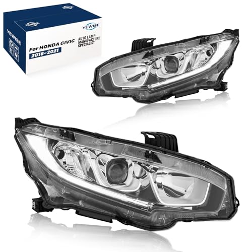 YEWISE Headlight Assembly Fit for 2016-2021 Honda Civic Halogen Type with DRL Chrome Housing Without bulb. One pair. Replacement OE# LH 33150TBAA01 AND OE#RH 33100TBAA01