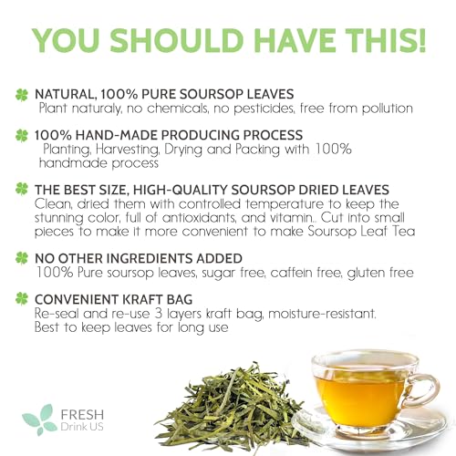 Image of 2.5oz Premium Soursop Graviola Dried Leaves Tea, Finest Soursop Tea Size, Lovely Taste, 100% Natural & Pure, Wildcrafted, Graviola, Soursop, Hoja Guanabana Tea, Caffeine / Sugar / Gluten Free, Vegan Product