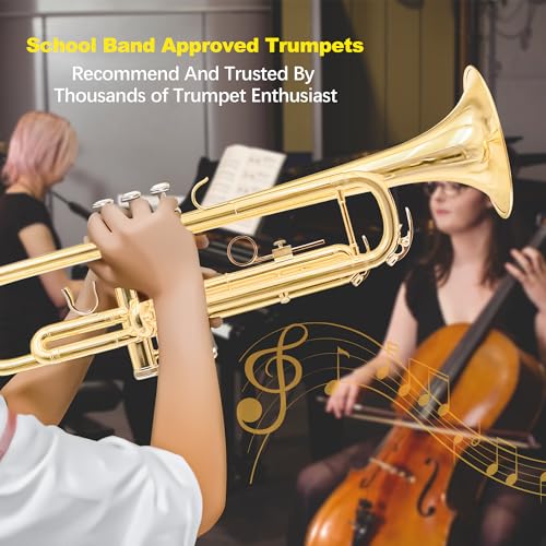 YAYUZEST Bb Standard Trumpet Set for Beginner and Advanced Student, Brass Student Trumpet Instrument with Hard Case, Cleaning Kit, 7C Mouthpiece and Gloves (Gold)