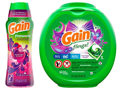 Gain flings! Laundry Detergent Pacs Plus Aroma Boost, Moonlight Breeze Scent, HE Compatible, 81 Count (Packaging May Vary) W/Fireworks in-Wash Scent Booster Beads, Moonlight Breeze, 20.1 Ounce