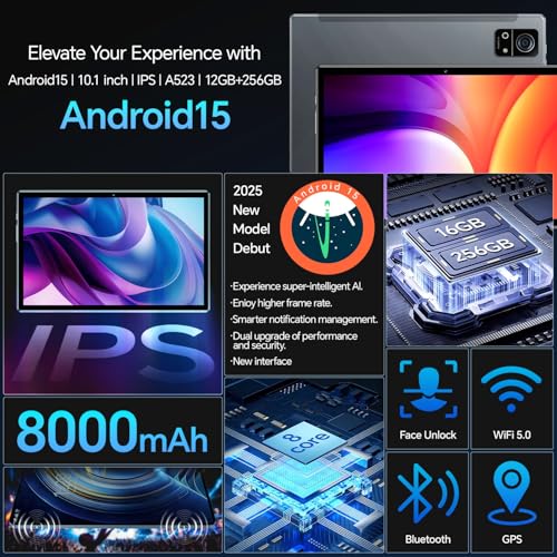 Image of Android 15 Tablet 10 Inch with Keyboard,16GB+256GB Tablets, 8000mAh Battery, Octa-core CPU, Widevine L1,2.4GHz / WiFi 5 & Bluetooth 5.0, 5 /13MP Cameras Bundle with Case, Mouse & Stylus M7 (Grey)