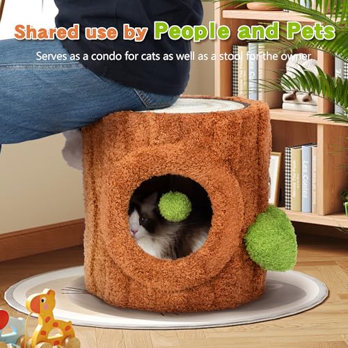 Image of Cat House for Indoors Cats, Luxury Cat House Bed with Scratch Table & Soft Cushion, Cat Condo with Hanging Ball Toy for Small Medium Pets, Brown