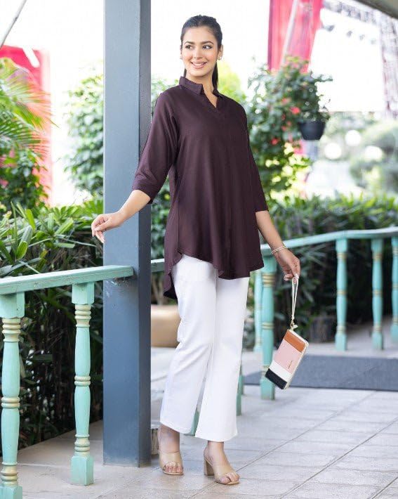 Image of Mlada Rayon Flare Top for Women | 3 /4th Sleeve Regular Fit and Flare Top | Women Office Tops Tunic | Western Long Shirt Top for Women | Shirt Collar Top for Women | Rayon Tunic Tops for Women Western