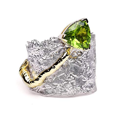 German Kabirski 1.65 Carat Green Peridot Handmade Barrel Ring In 925 Sterling Silver With Gold And White Rhodium Plating Size 6 #TOP5