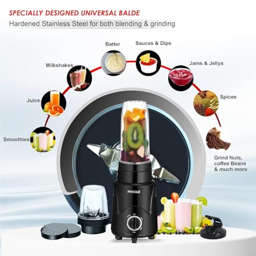 Image of Pringle Alexa Nutri Blender 450W | Smoothie Maker & Mixer Grinder | 2 Food Grade Jars | Sipper Cap & Storage Lids | Dual Blade System | Compact Kitchen Blender | 1 Year Warranty | Black