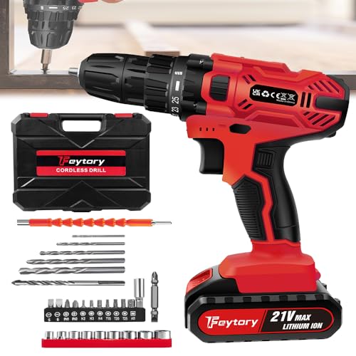 Brushless Akkuschrauber Set 21V, Rot Akku Bohrschrauber Set Akkuschrauber 21V mit 1 Akkus, 45Nm Akku Bohrmaschine, 25+1 Drehmomentstufen, 3/8 Eisenfutter, 29PCS Zubehöre, für Haus Elektriker