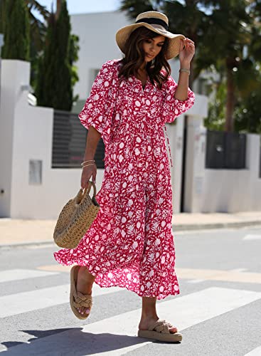 Image of miduo Womens Loose Fit Casual Summer V Neck Half Sleeve Bohemian Geometric Pattern Maxi Long Dresses