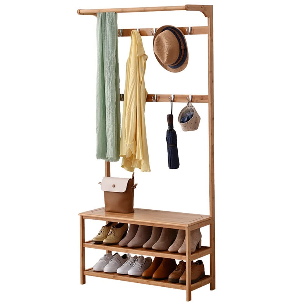 Banco para zapatos, de bambú, con estante de almacenamiento de 3 niveles y ganchos de 6/8/10, fácil montaje, extra fuerte y duradero
