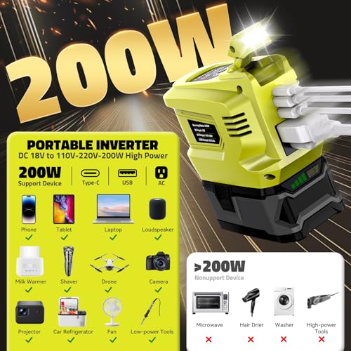 Image of Ecarke 200W Portable Power Inverter Compatible with Ryobi 18V Battery, DC 18V to AC 110V Power Station with 1 AC Outlet, 2 USB, 1 Type-C & LED Light, for Outdoor Emergency Use (No Battery)