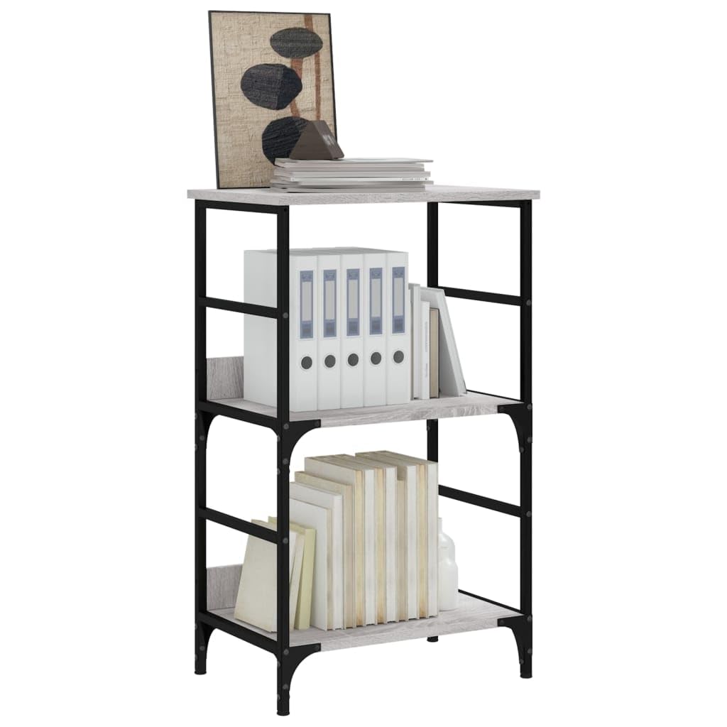 Bücherregal Grau Sonoma aus Holzwerkstoff mit Stahlrahmen 50x33x82 cm freistehend, offenes Regalsystem für Wohnzimmer, Büro, Kinderzimmer, platzsparend mit Stauraum und Ablagefach