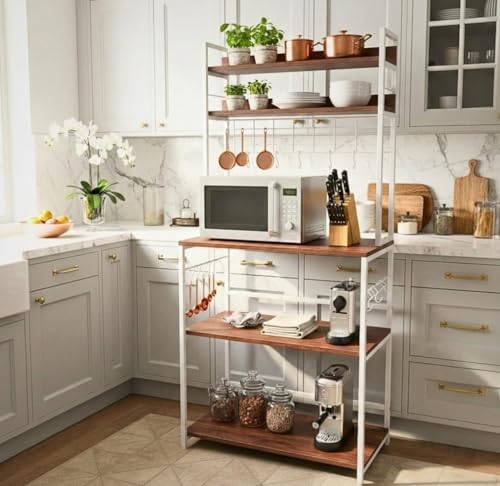 Image of wow craft 5-Tier Storage Rack with White Frame | Multipurpose Kitchen Microwave Stand, Bookshelf & Office Organizer | Heavy Duty Metal Frame Shelf, Space Saving Rack, Easy Assembly