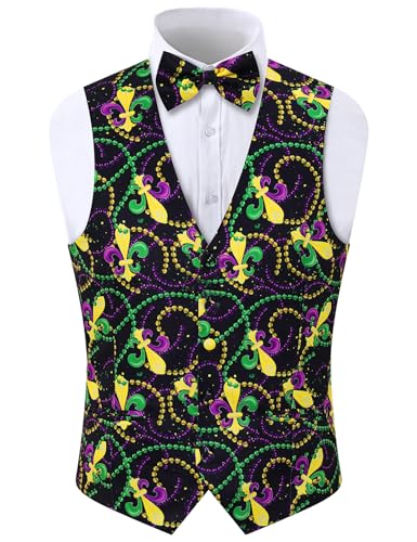 2-Piece Men's Mardi Gras Halloween Vest, Waistcoat Vest & Bow Tie S-3XL