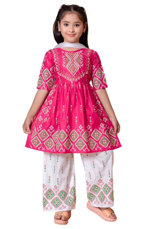 NEW JON Girl's Ethnic Kurta and Straight Pant Set with Silky Dupatta
