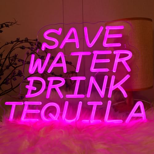 Image of Neon Sign, Save Water Drink Tequila LED Neon Light for Wall Decor, USB Neon Bar Sign for Party Club Restaurant, Bedroom Wall Decor 16.54 x 11.81 inch, Acrylic Material