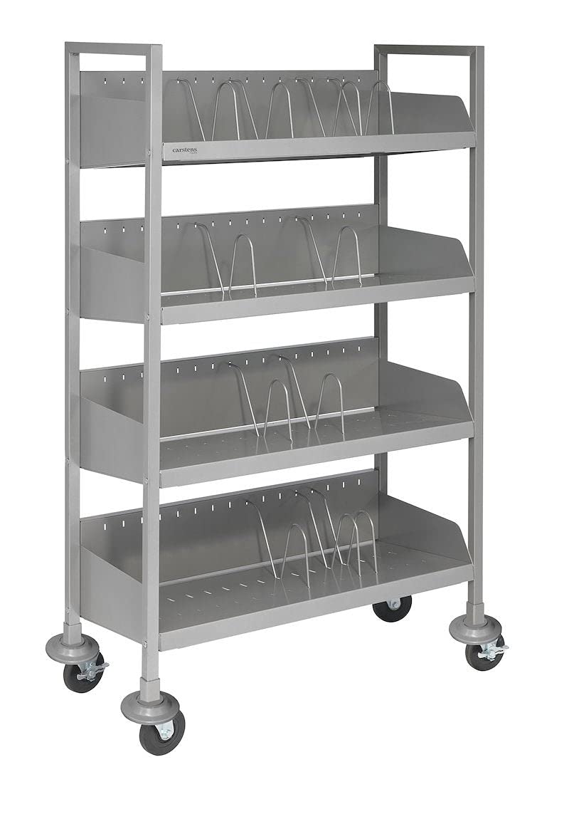 Carstens Flexfit Open Chart Rack for Medial Charts, Ring Binders, Books – L36.9 x W19.75 x H60 in. 360 Lb. Load Capacity – Rolling Book Cart with 4 Angle Shelves – Lockable Wheels, Bumpers, Silver