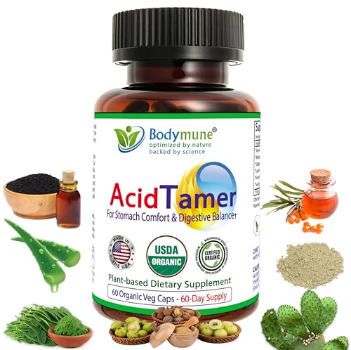 Bodymune AcidTamer Digestive Support – Organic Relief for Occasional Heartburn & Acid Reflux Symptoms – Promotes Stomach Comfort & Gut Health – 66 Caps (2-Month Supply) – USDA Organic, Vegan, Non-GMO