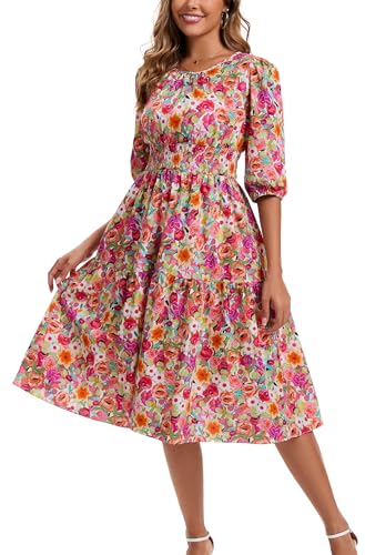 Image of Kormei Women Casual Boho Floral Round Neck 3 /4 Sleeve Smocked Waist Tiered A Line Flowy Swing Midi Dress Long Dresses