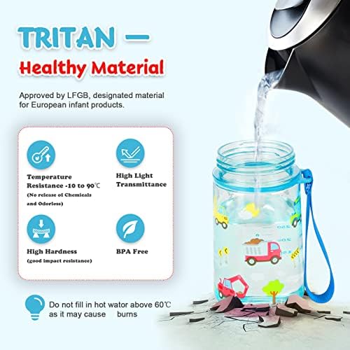 Bobicon Kids Water Bottle with Straw,Child Water Bottle 420ml, BPA Free Tritan Leak Proof Cute Bottle, Easy Clean Carry Strap for School Outdoors