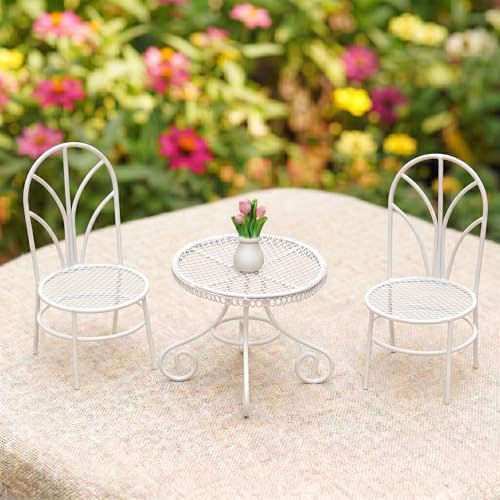 Feyquime Miniature Bistro Table and Chair Set with Tulip Pot, 4Pcs Solid Metal Miniature Furniture, Tiny Garden Decor for Adults DIY, White