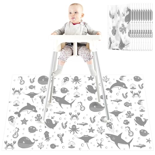 Drydiet 100 Pack 28x47 Disposable Floor Splat Mats for Under High Chair with Animals Print Waterproof Plastic Floor Mat Multipurpose Baby Led Weaning Supplies(Sea Animal)