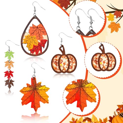 4 Pairs Fall Autumn Thanksgiving Earrings, Metal Red Maple Leaf Earrings Jewelry Accessories Leather Pumpkin Maple Leaf Shape Thanksgiving Celebration Party Fashion Autumn Pendant Fun Hook Earrings3