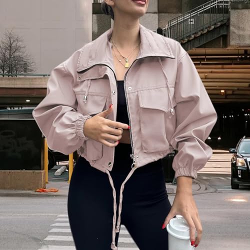 Chic Pink Oversized Cropped Jacket for Women – Lightweight Utility Anorak with Pockets, Size Large - Image 2
