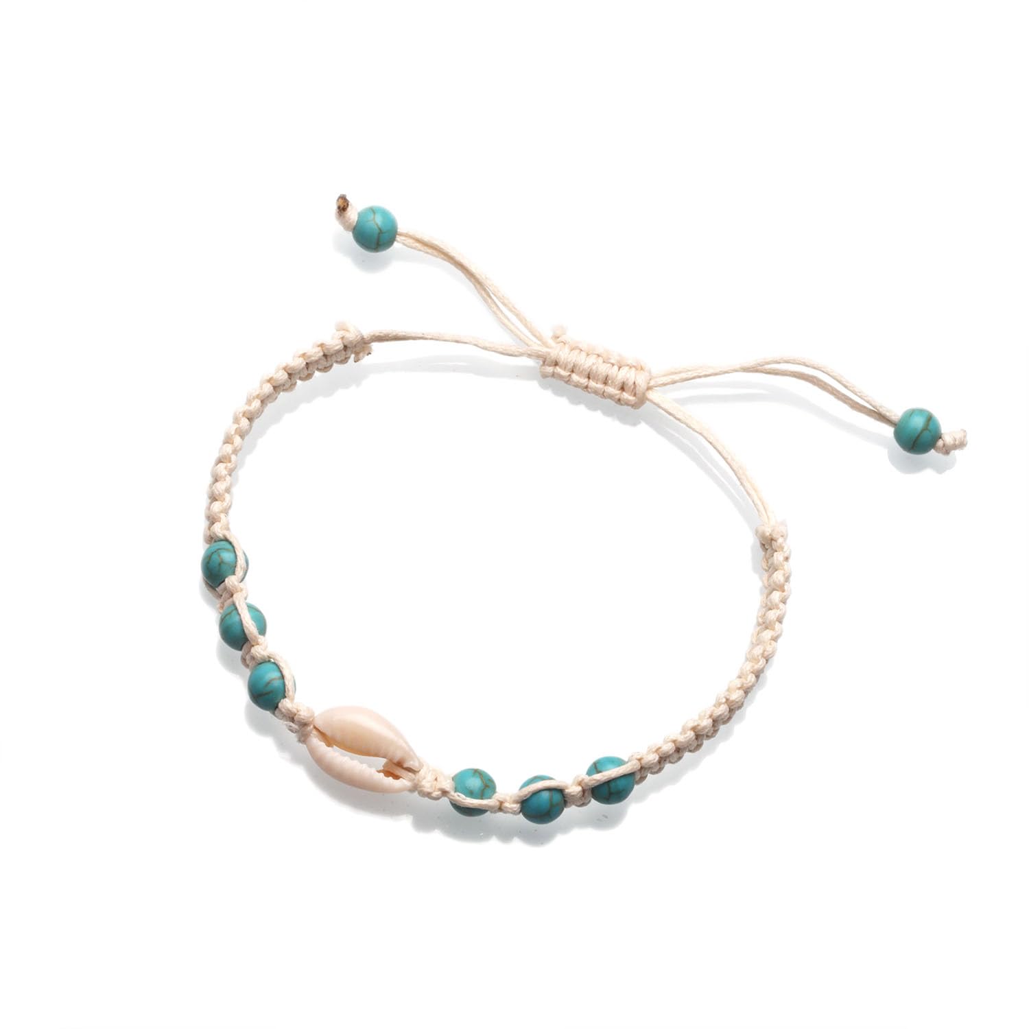 2 sztuki bransoletek w stylu boho, turkusowa, z kamienia naturalnego, ręcznie tkana, regulowana, na lato, hawajską plażę, biżuteria dla dziewcząt i kobiet, einstellbar, Skorupa naturalna i
