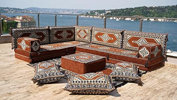 L Shaped Arabic Floor Cushions, Sectional Sofas, Arabic Majlis Set, Custom Made Sofa, Arabic Sofa Set, Seating Cushions (8'' Thickness Sofa, L Sofa Full Set, Brown)