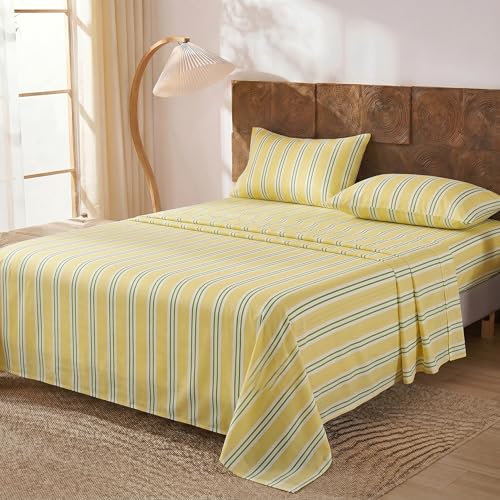 Image of Merryword 100% Cotton Sheet Set Queen Size, Yellow & Green Stripes Bedding, Soft Breathable Percale Weave, Modern Minimalist, Luxury Linen Like, Deep Pocket Fitted Sheet 17.5 inch