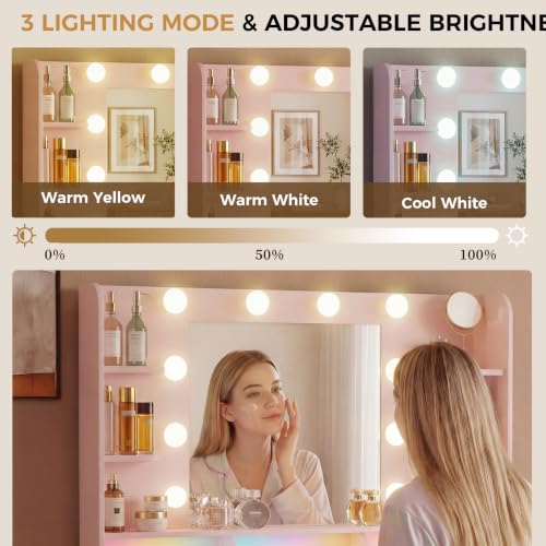 Image of LUCKRACER Vanity Desk with LED Lights Mirror & Charging Station, Makeup Vanity with Storage Drawers and Shelves, Modern Dressing Table for Women Girls Bedroom, Pink