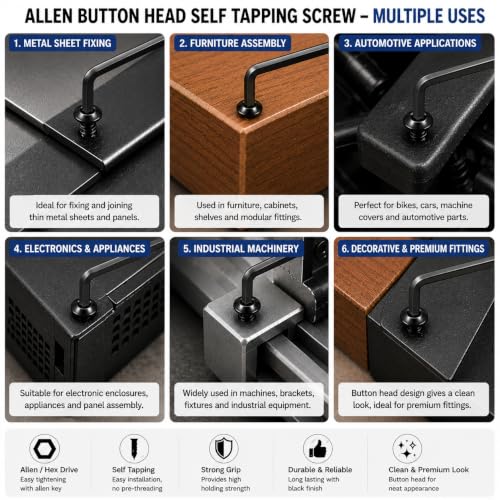 Image of By inchVP INDUSTRIES inch (Pcs-25) No.12x50 mm Allen Button Head Self-Tapping Screw - Black Zinc, Button Cap Head for Furniture, Crib, Bunk Bed, Cot, and Bolt Assembly