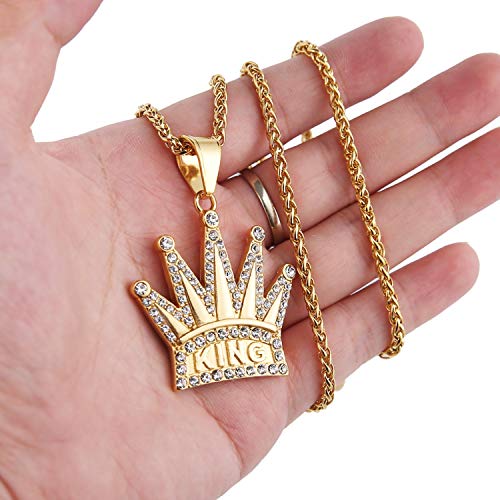 HZMAN 18k Gold Plated Cz Inlay King Crown Stainless Steel Pendant Necklace Success and Protection Lucky (Gold)3