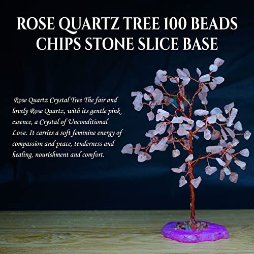 Image of REMEDYWALA Charged Rose Quartz Crystal Tree with Agate Slice Base for Reiki Healing (100 Beads)