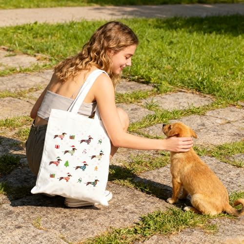 PIujsym Dackel Tasche aus Canvas – Weihnachtsgeschenke für Frauen, Lustige Dachshund Einkaufstasche, Dackel Geschenke für Hundeliebhaber, Wiederverwendbare Stofftasche mit Weihnachtsmotiv