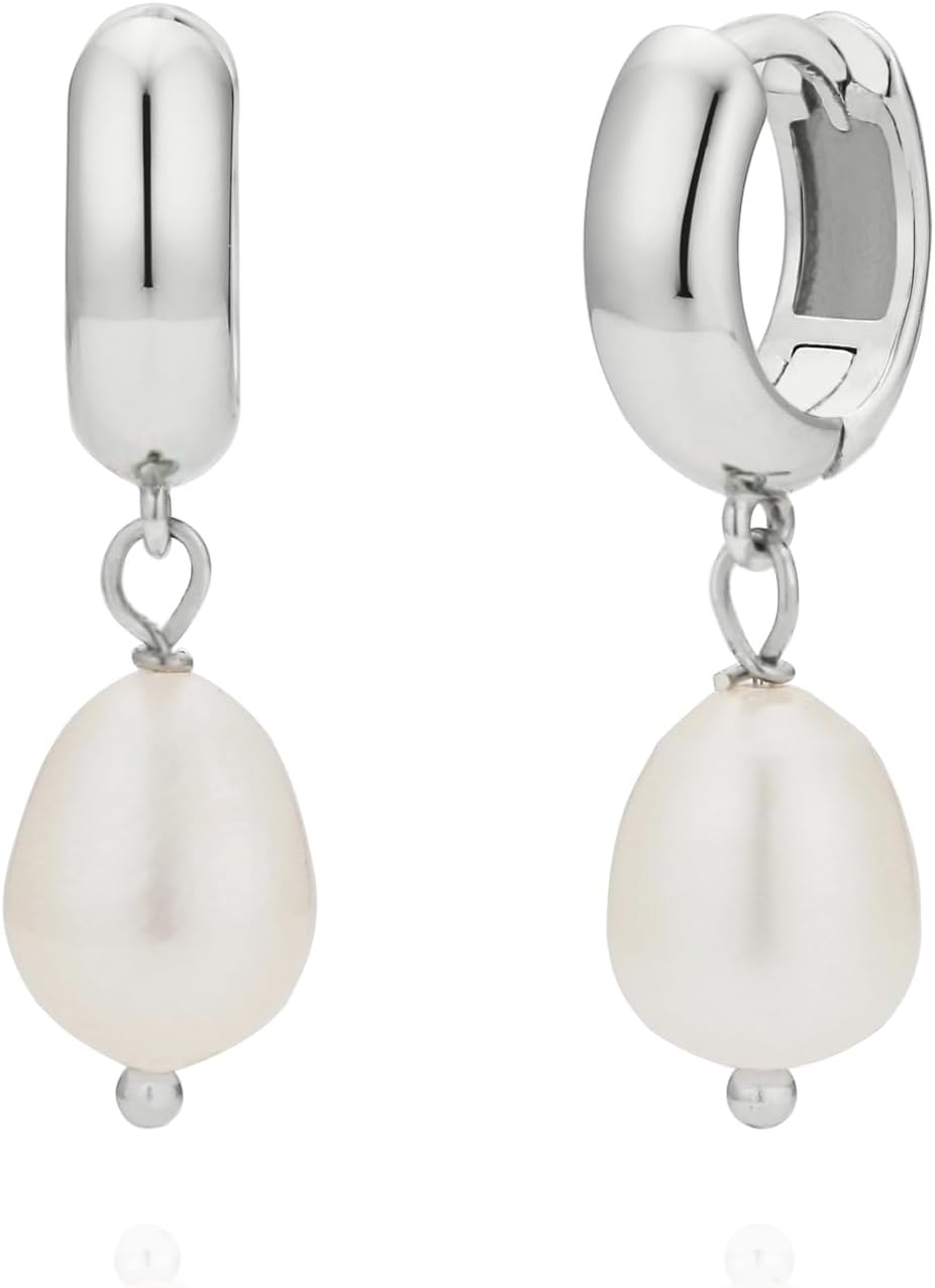 925 Sterling Silver 14K Gold Plated Delicate Small Hoop Pearl Earrings