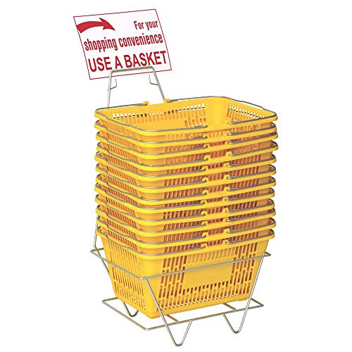Only Hangers Plastic Shopping Baskets - Durable Yellow Plastic Set Of Shopping Baskets With Stand And Sign - Set Of 12 Plastic Baskets With Metal Handles #TOP16
