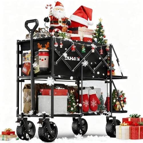 Double Decker Wagon 320L Large Capacity 400LBS Collapsible Sports Utility Cart with Big Wheels,Double Extended Tailgate Heavy Duty Folding Wagon Cart for Groceries,Camping,Outdoor